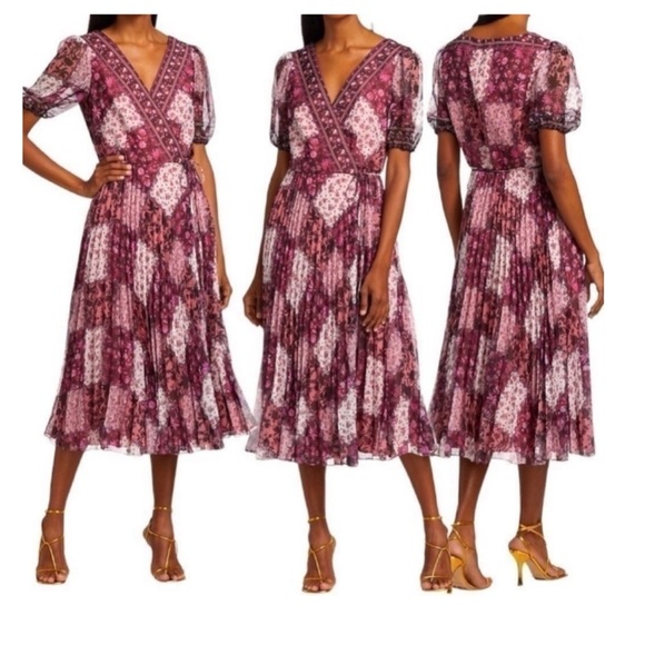 MARCHESA Notte Floral Pleated A-Line Faux Wrap Short Sleeve Midi-Dress Size 6 - Picture 3 of 12